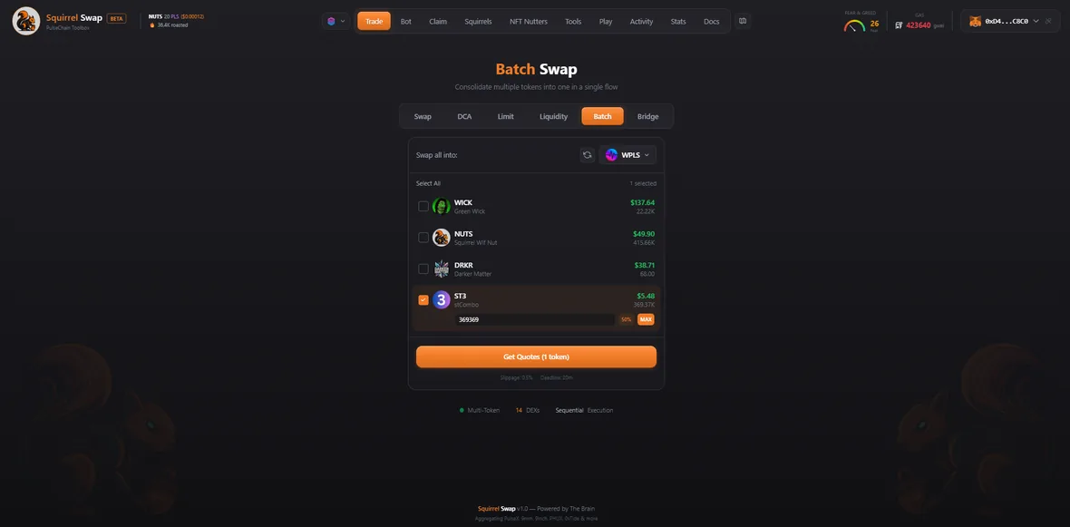 SquirrelSwap — Batch swap: consolidate many tokens into one
